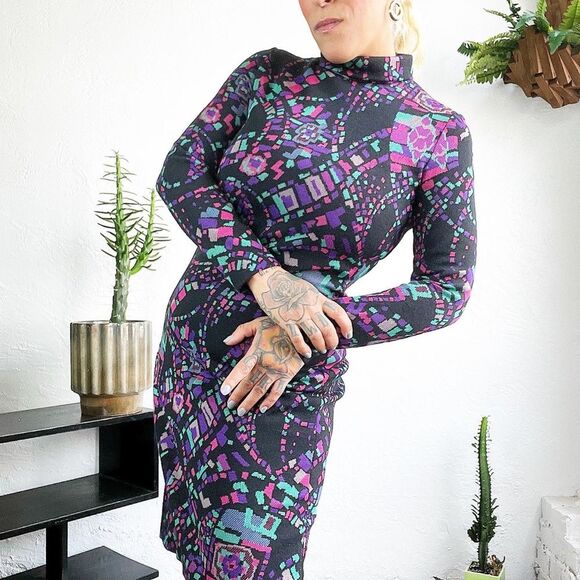 VIRGIN WOOL KNIT 60’s 60s Vintage 70’s 70s Kimberly Knit Geometric Black Dress M - Picture 3 of 11